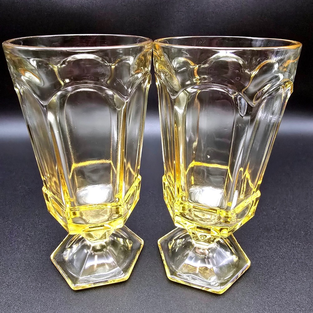 Vintage Yellow Amber Depression Glass Paneled Footed Iced Tea Goblets Set of 2